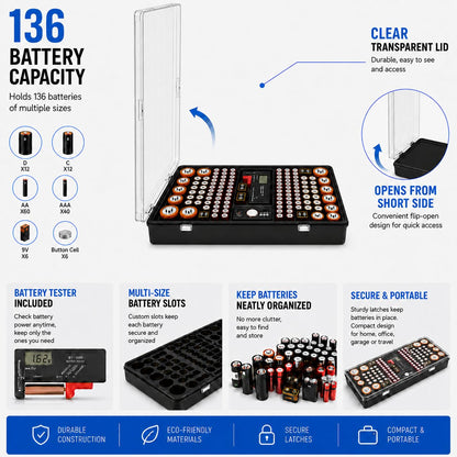 Battery Organizer Storage Case with Tester | Stores & Protects Up to 136 Batteries, Holds AAA AA C D 9V Button Cell with Clear Locking Lid for Home & Garage