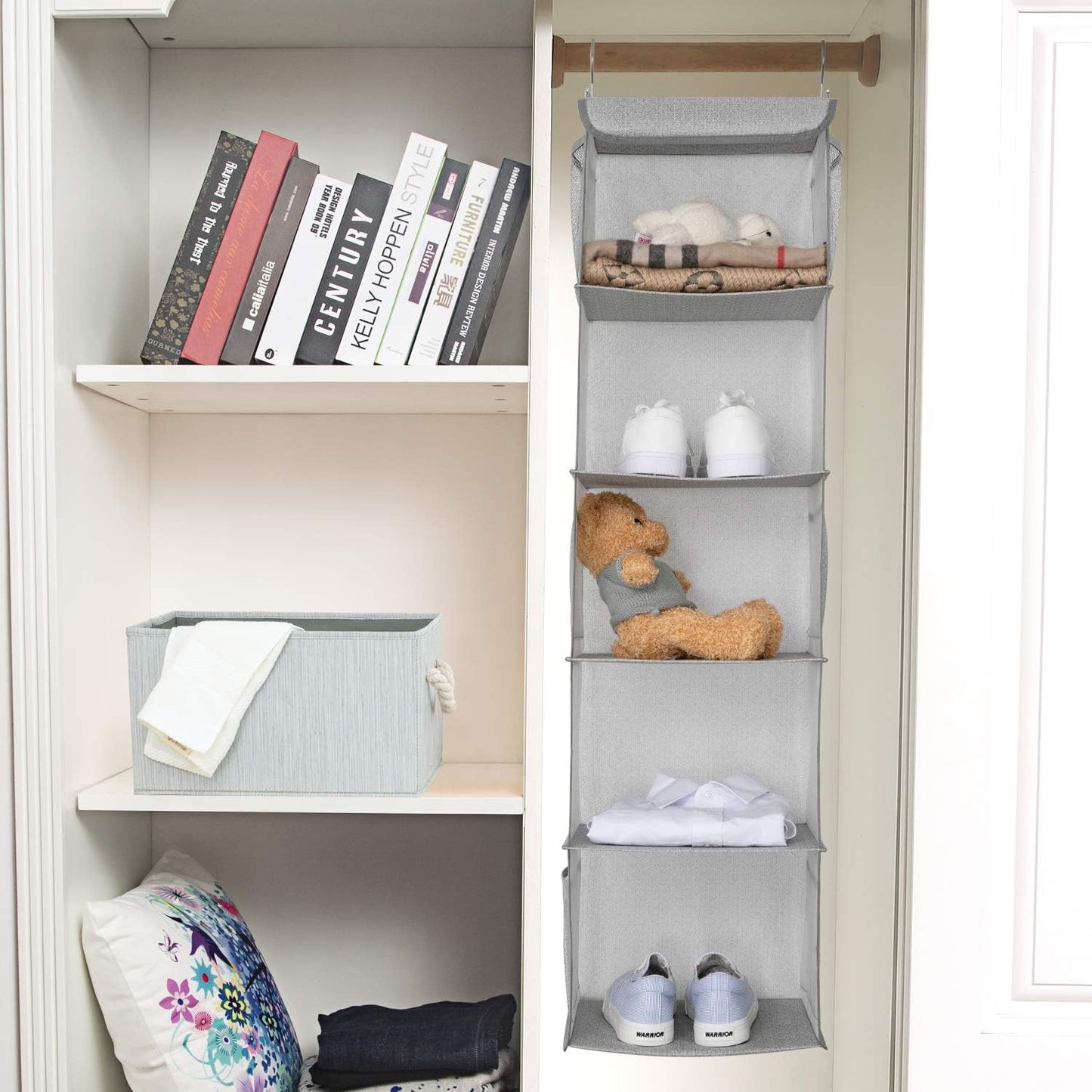 BrilliantJo 2 Pack Hanging Closet Organizer, 5 Shelves Hanging Storage with 6 Side Pockets for Clothes Shoes, 43"x12"x12"(Black)