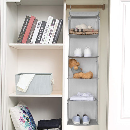 BrilliantJo 2 Pack Hanging Closet Organizer, 5 Shelves Hanging Storage with 6 Side Pockets for Clothes Shoes, 43"x12"x12"(Black)