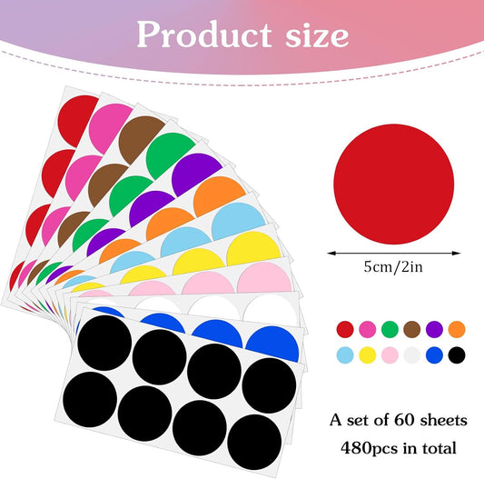 480 Pcs Round Color Coding Label Stickers, 2 Inch Circle Sticker Labels Colored Dot Stickers Moving Labels Stickers Gift Labels for Boxes, Coloring, Organizing, Marking, Christmas (12 Color)