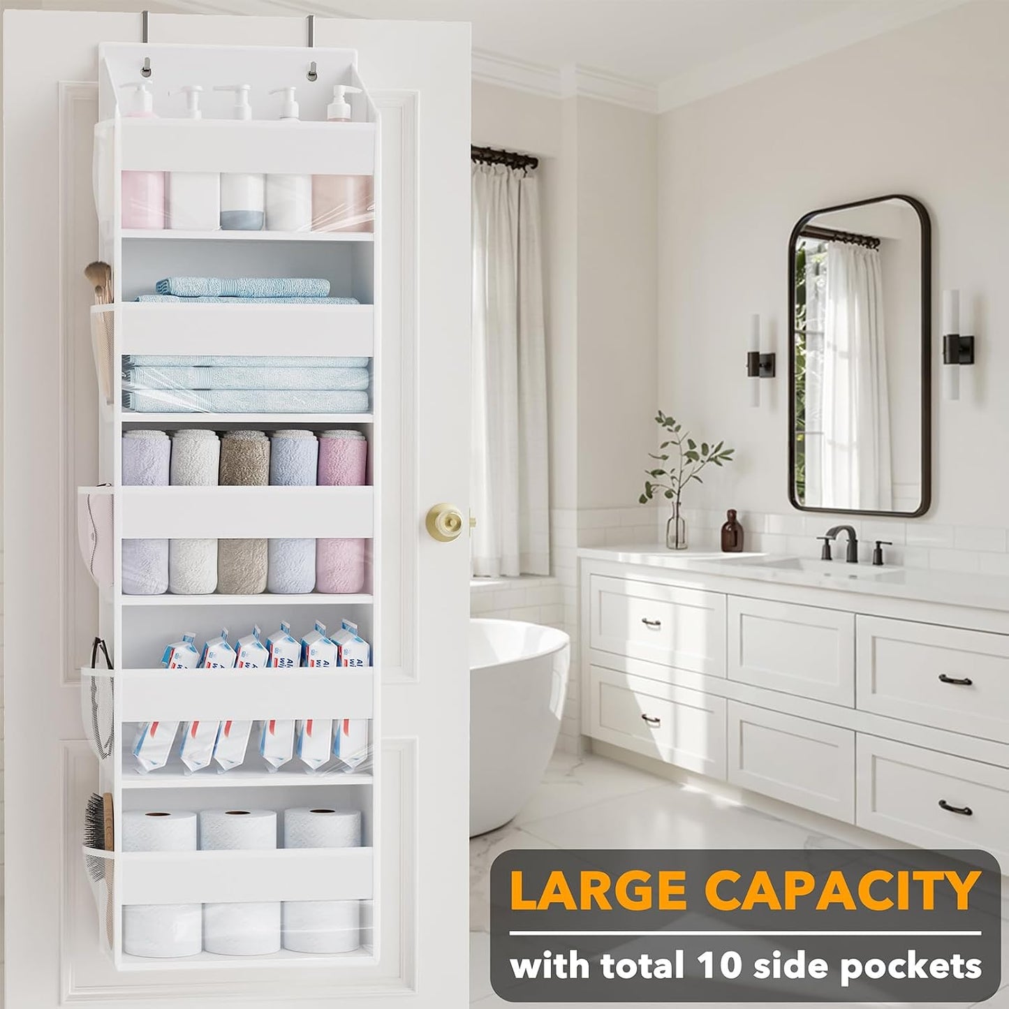 SpaceAid 1 Pack Over The Door Organizer with 5 Large Pockets and 10 Mesh Side Pockets, 5 Layers Door Organizer Hanging with Clear Window for Bedroom, Bathroom, Pantry and Nursery, Gray