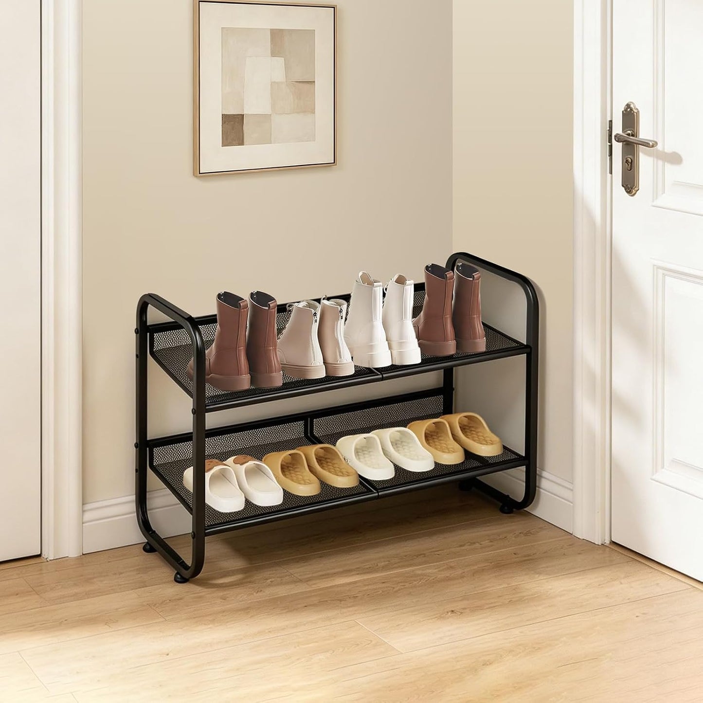4 Tiers Metal Shoe Rack for Entryway Closet Hallway Bedroom Garage | Shoe Storage Organizer, Mesh Shoe Shelves, Freestanding, Stackable, Adjustable, Rustproof Black