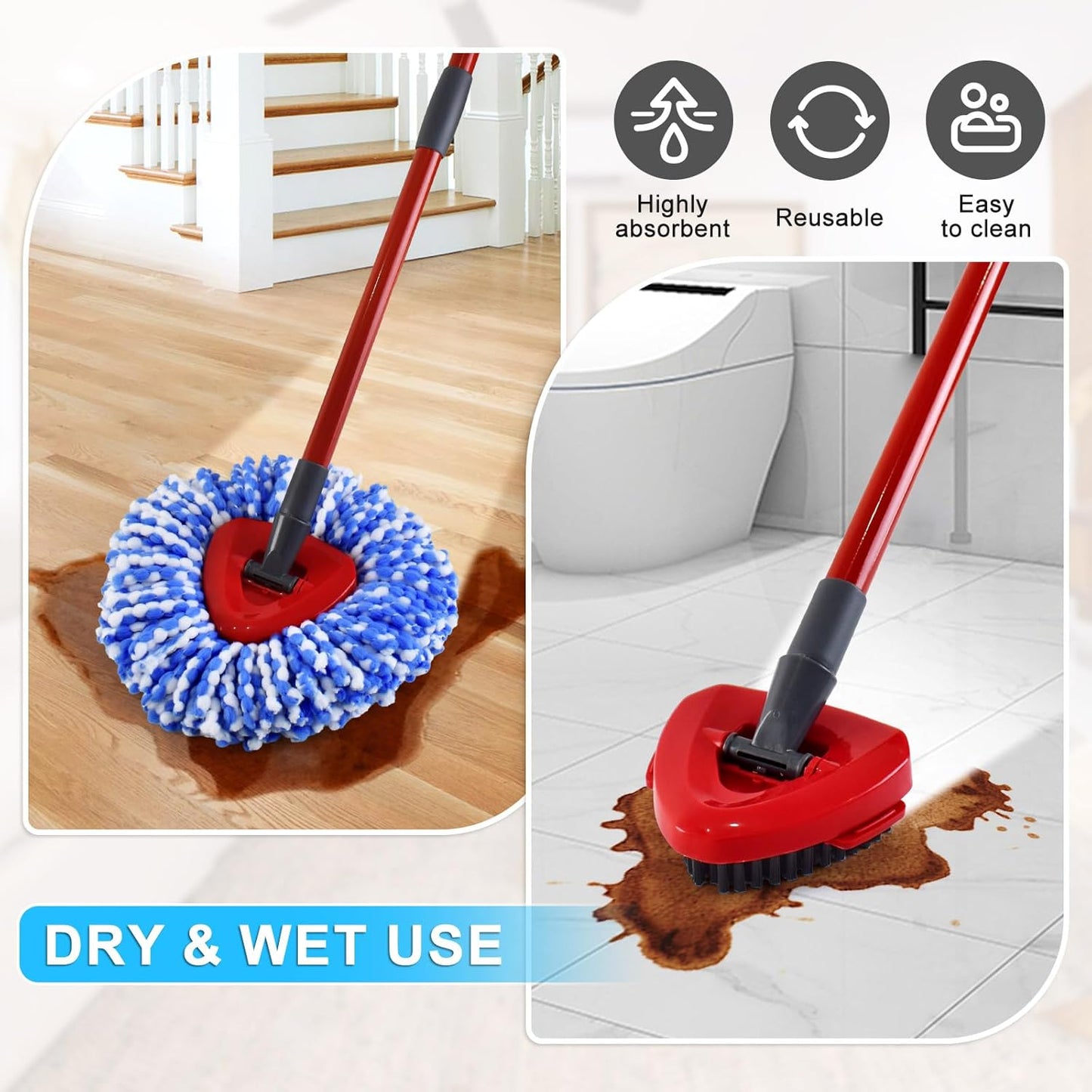 Mop Heads Replacements for Ocedar, Spin Mop Replacement for O-Cedar EasyWring 2 Tank System Mop Refills, Include 3 Pack Heads, 1 Scrub Brush & 1 Base Combo