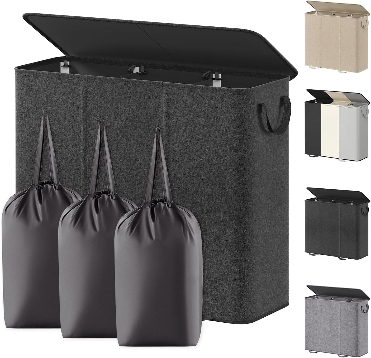Lifewit Double Laundry Hamper with Lid and Removable Laundry Bags, Large Collapsible 2 Dividers Dirty Clothes Basket with Handles for Bedroom Laundry Room Closet Bathroom College, 136L Beige