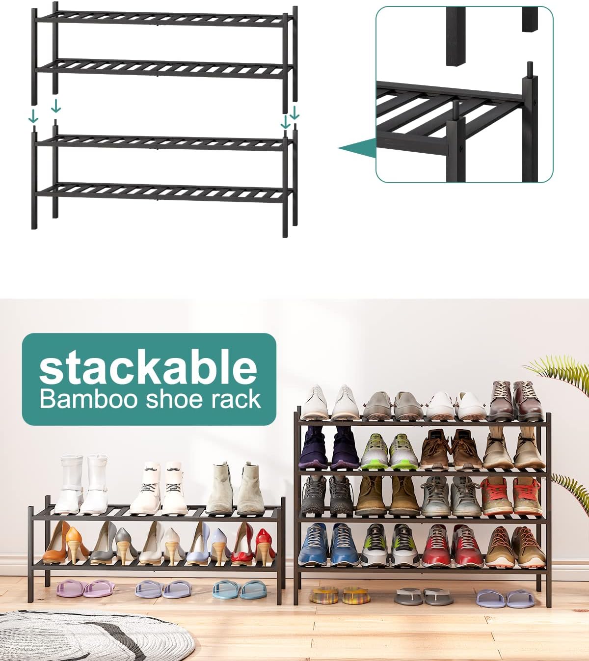 viewcare 3-Tier Black Bamboo Shoe Rack for Entryway, Stackable | Foldable | Natural, Shoe Shelf Storage Organizer for Hallway Closet, Free Standing Shoe Racks for Indoor Outdoor