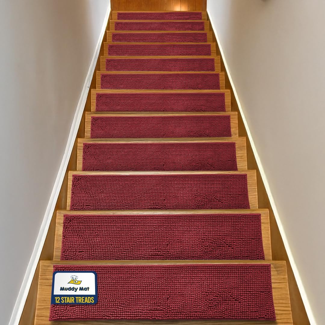 Muddy Mat® Pack of 4 - Soft Chenille Stair Treads Non-Slip Reusable, Super Absorbent Stair Treads for Wooden Steps, Tile & Marble Floor, Easy to Install & Machine Washable - Brown 30'' x 7''
