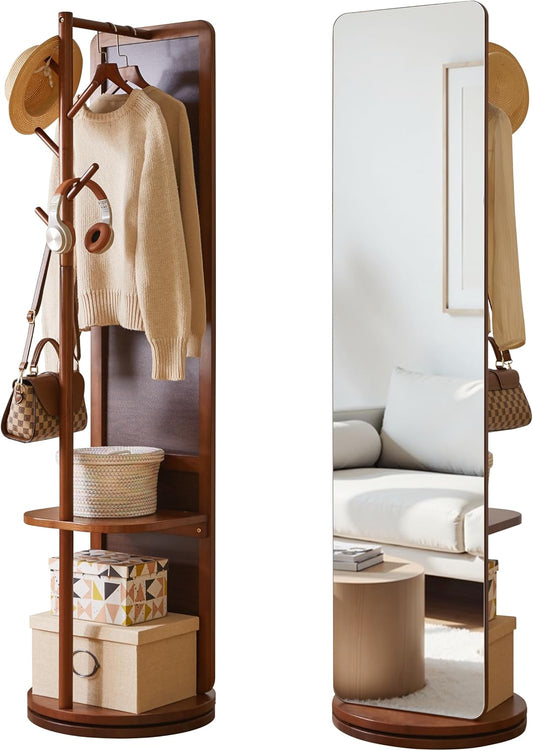 360° Swivel Full Length Mirror for Bedroom, 70" Floor Standing Mirror with Coat Rack & Hooks & Shelf, Solid Wood Frame, Space-Saving for Living Room, Closet, Entryway, Walnut