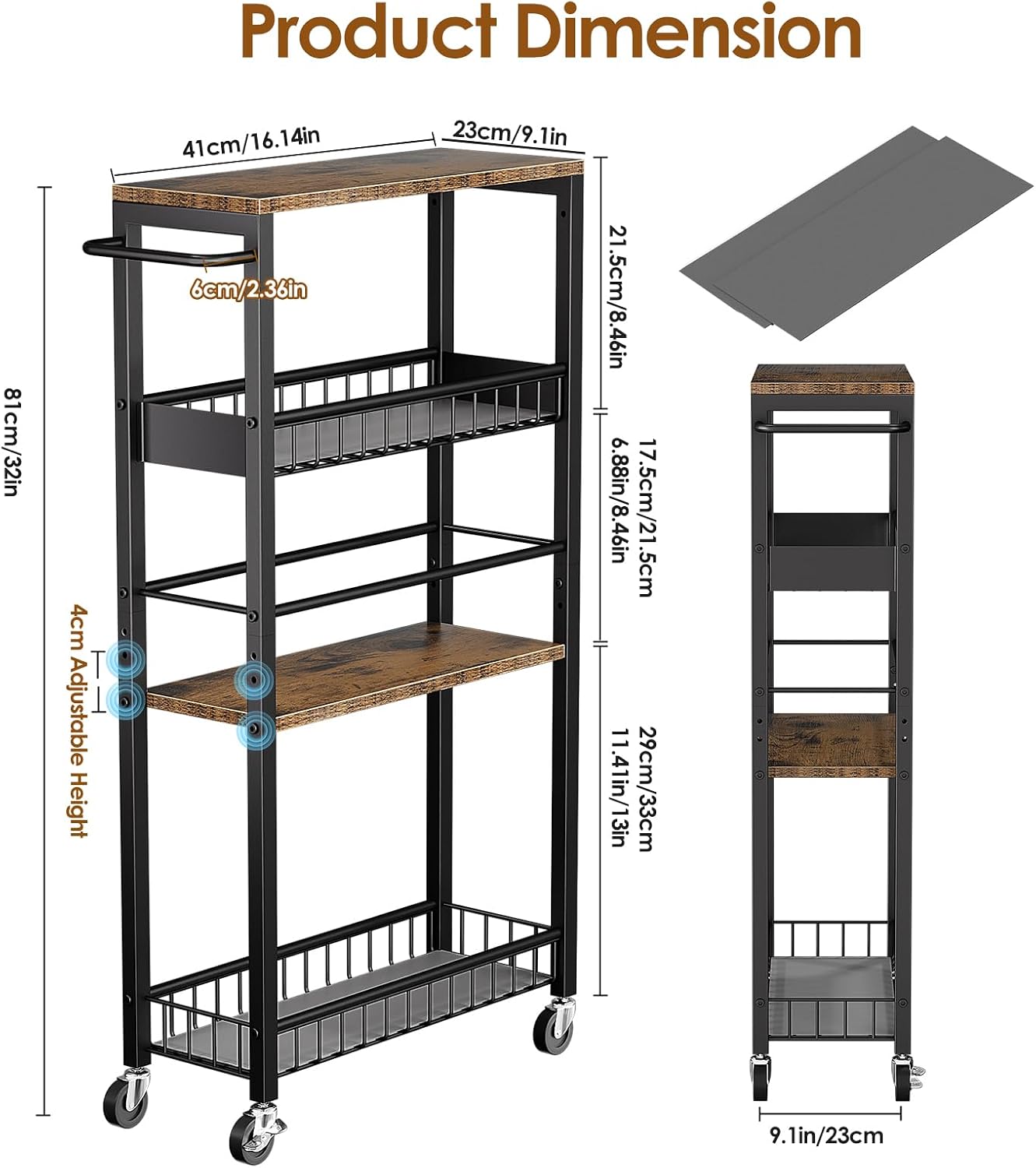 Slim Storage Rolling Cart, 4 Tier Narrow Cart with Wheels, Metal Kitchen Rolling Cart for Small Spaces, Slide Out Storage Shelves for Kitchen, Laundry Room, Bathroom, Living Room, 7.1in(W)