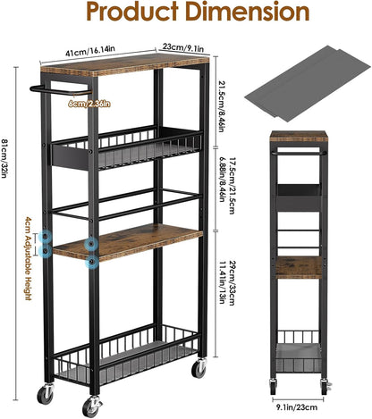 Slim Storage Rolling Cart, 4 Tier Narrow Cart with Wheels, Metal Kitchen Rolling Cart for Small Spaces, Slide Out Storage Shelves for Kitchen, Laundry Room, Bathroom, Living Room, 7.1in(W)