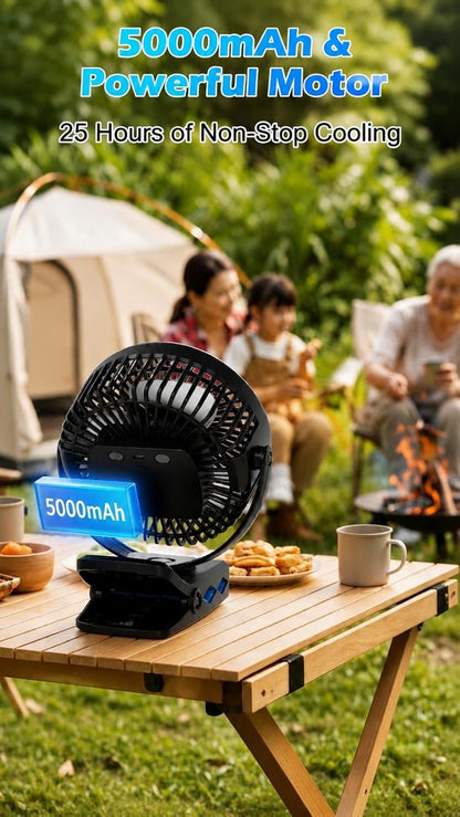 Meudeen 5000mAh Rechargeable Clip on Fan - 6 Inch Portable Fan - with Timer & LED Lantern - Battery Powered Golf Cart Fan - 5 Speeds Quiet Small Desk Fan for Camping - Stroller - Bedroom