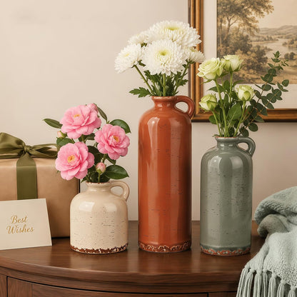 TBWIND Ceramic Vases Set of 3, Neutral Pottery Rustic Farmhouse Flower Vase | Small Decorative Flower Vases Modern Home Decor for Table Mantel Entryway Bookshelf Living Room Kitchen Bedroom