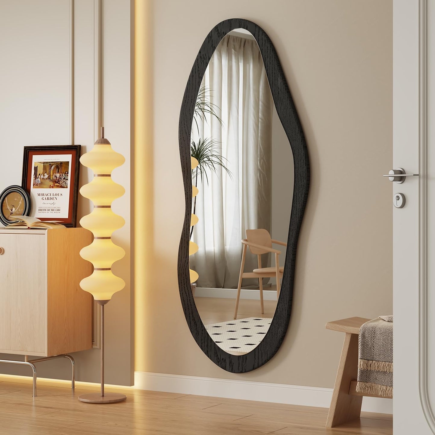 AAZZKANG Irregular Wall Mirror Full Length Black Wood Framed Large | 47"x20" Asymmetrical Full Body Mirrors for Bedroom Living Room Entryway