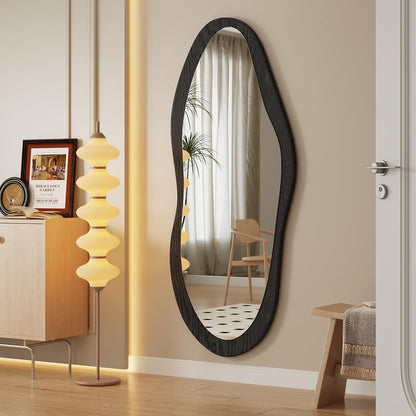 AAZZKANG Irregular Wall Mirror Full Length Black Wood Framed Large | 47"x20" Asymmetrical Full Body Mirrors for Bedroom Living Room Entryway