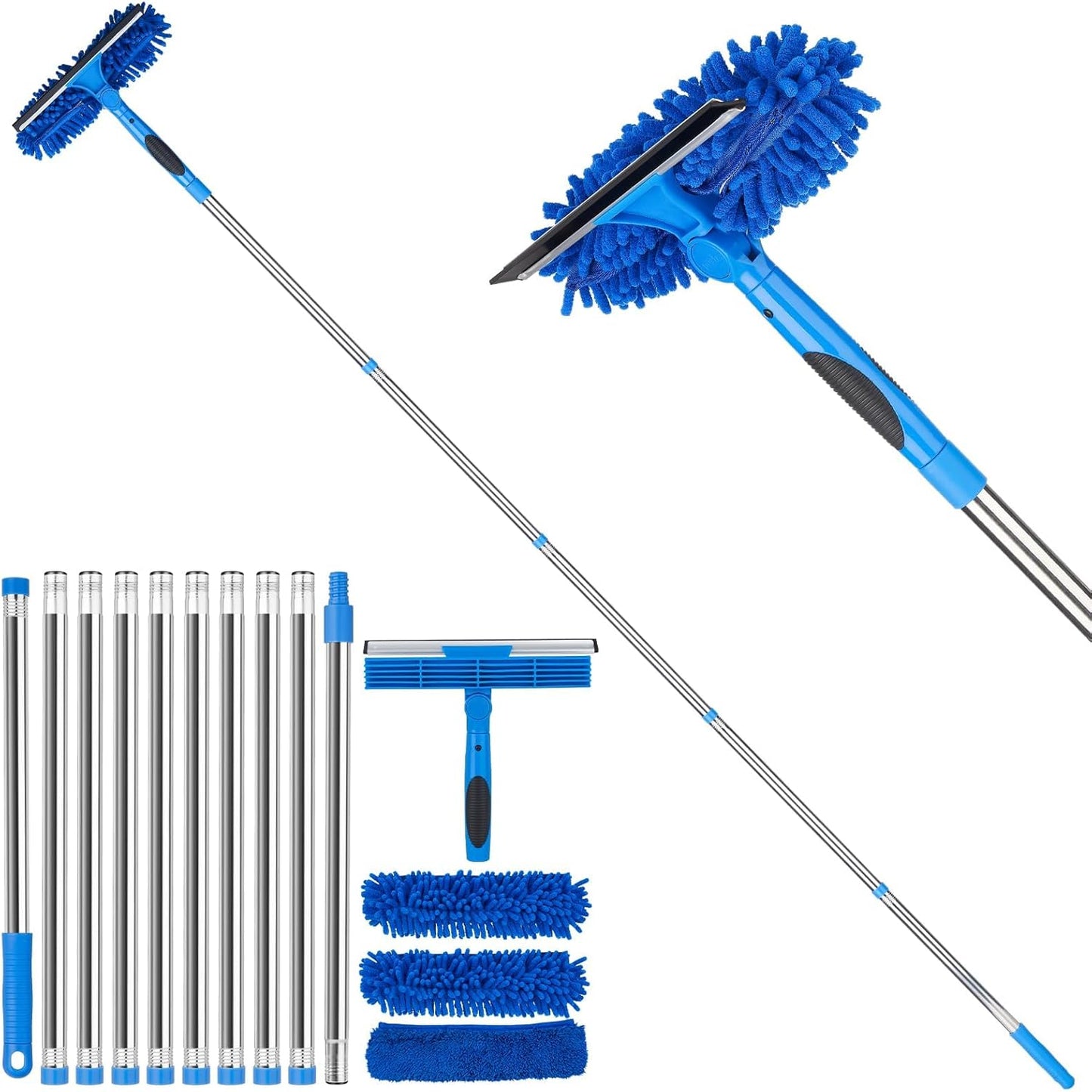 Window Squeegee, 2-in-1 Window Cleaner with Removable Extension Poles 177'' Window Washing Kit Glass Door Cleaner Multi-Use Car Windshield Cleaning Tool with 1 Blade 3 Scrubber for High Outdoor Window