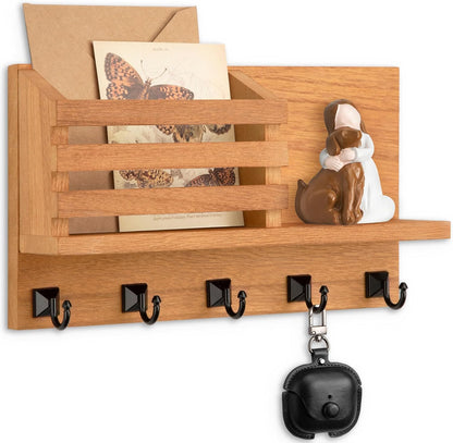 Key Holder Wall Mount, Mail Organizer for Wall with 5 Square Rustic Key Hooks Key Shelf Farmhouse Home Decor for Entryway