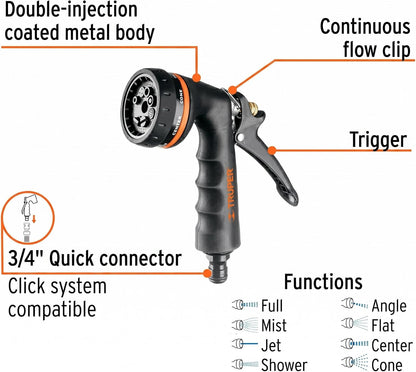Truper 8-Pattern Metal Hose Spray Nozzle, Heavy-Duty Coated Metal Body with Comfort Grip Handle, Continuous Flow Locking Clip Gardening and Cleaning Wand (Model 18477 / PR-208)
