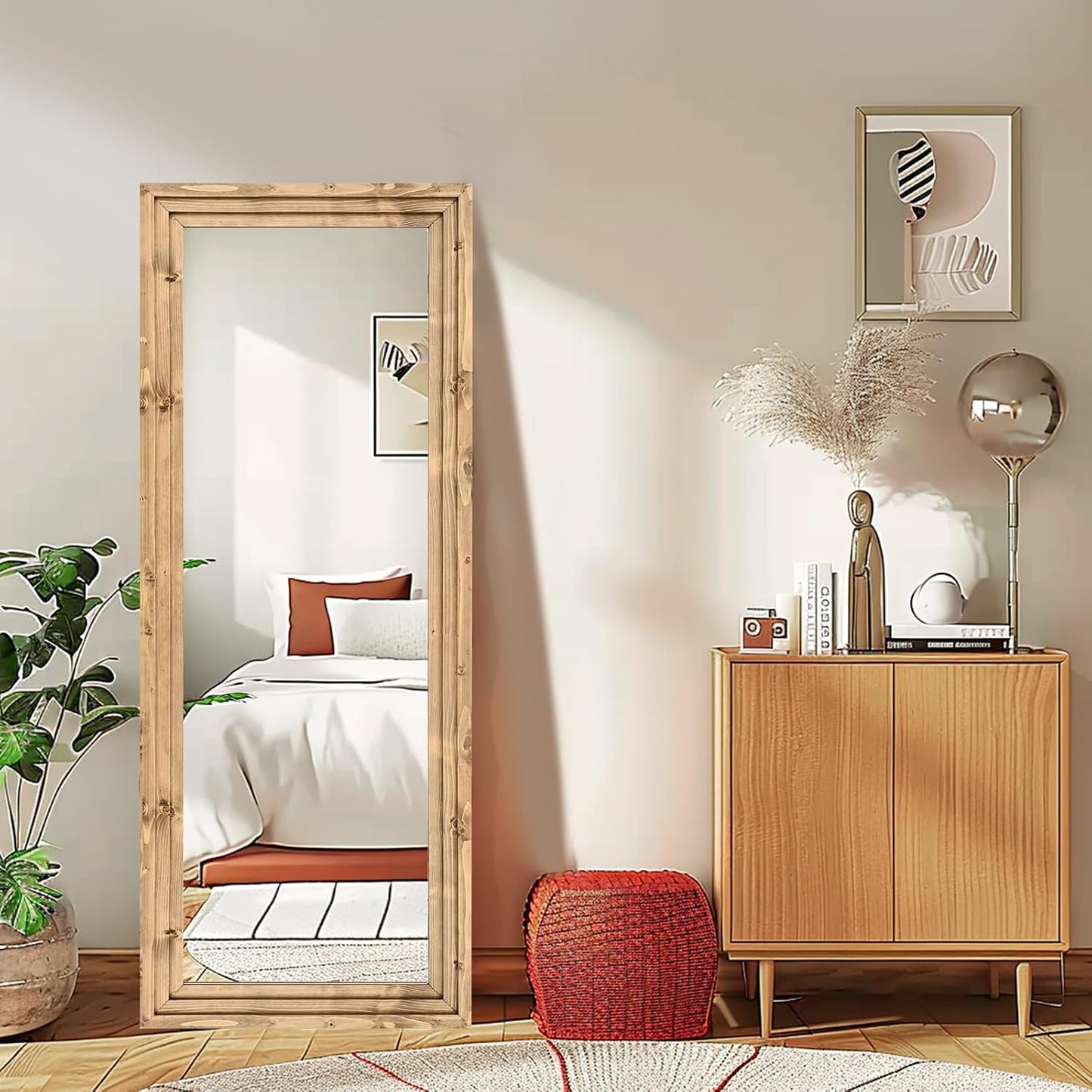 Full Length Mirror 65"x22" with Stand Solid Wood Frame Floor Large Mirror for Living Room, Bedroom Hanging Standing or Leaning Wall-Mounted, New Black
