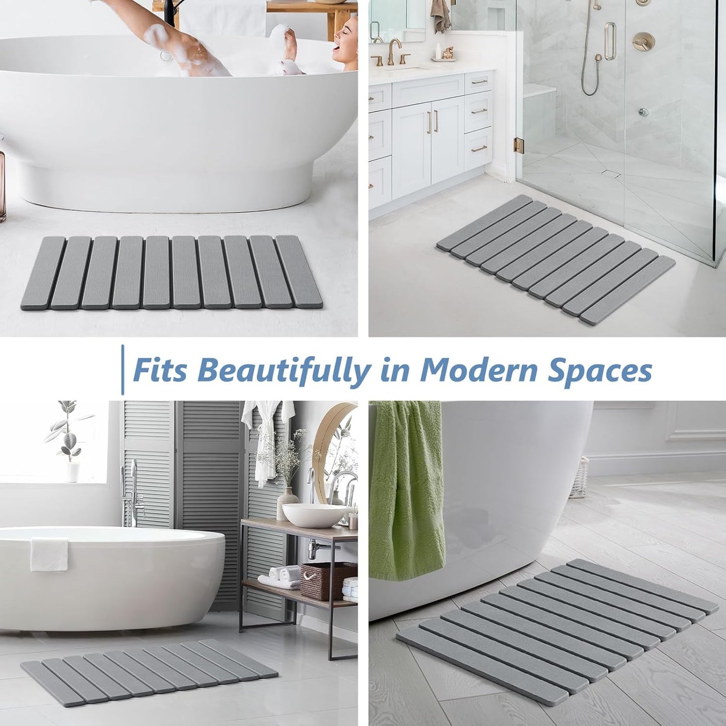 AWW Foldable Stone Bath Mat, Quick Dry Diatomaceous Earth Bath Mat with Non-Slip Mat, Super Absorbent, Easy to Clean, Compact for Small Bathrooms, 23.6 x 15.5, Grey