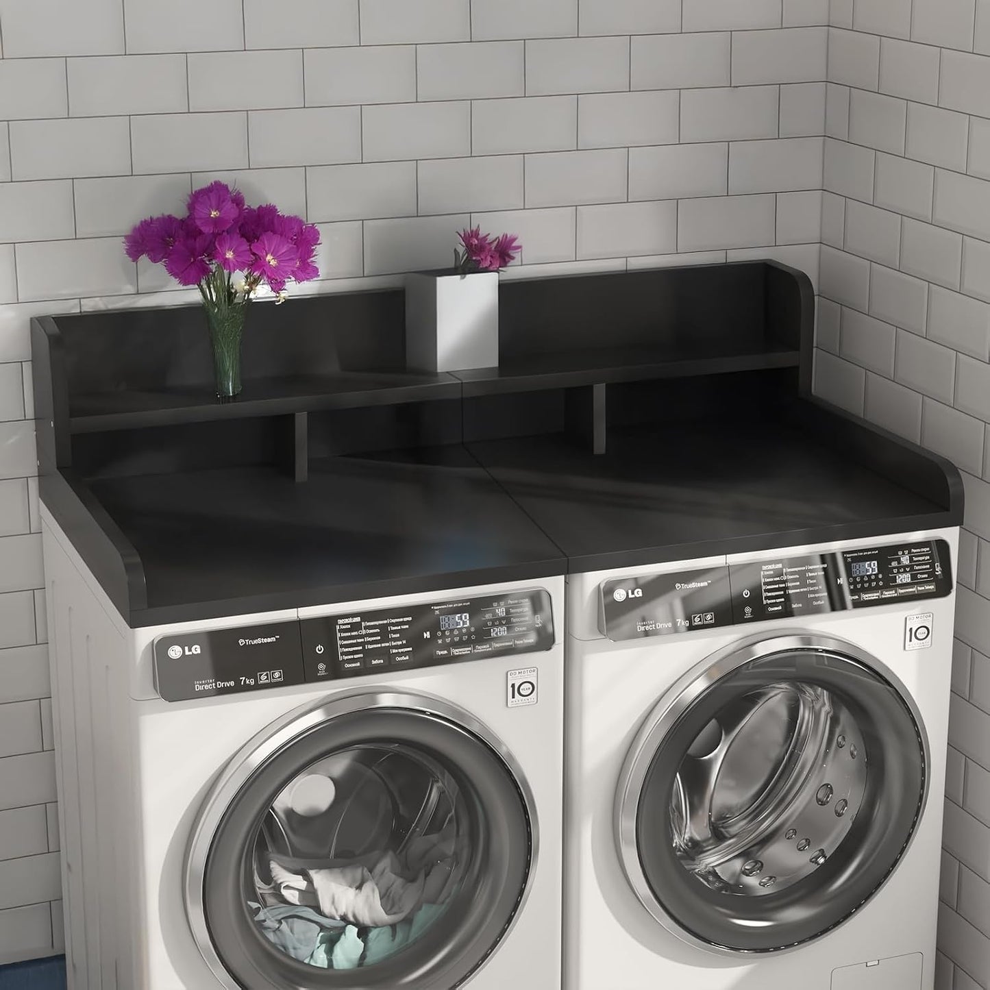 54" X 27.5" Washer and Dryer Countertop, Adjustable Laundry Countertop with Shelf, Extra Dividers, Folding Clothes Station, Over Machine Storage for Detergents & Essentials (Natural)