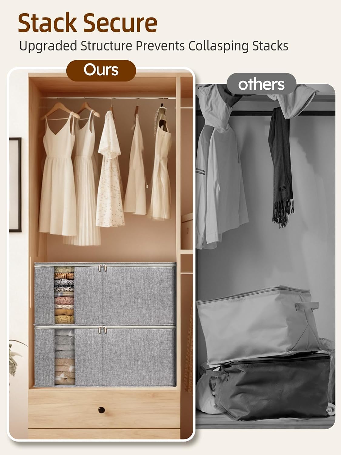 60L Blanket/Comforter Storage Bag w/Rigid Side & Bottom Support, Stackable Clothes Storage Bin for Sweaters Bedding Sets Quilts Pillows, Closet Organizer, 21.7x14.2x11.8in, 2 Pack, Gray