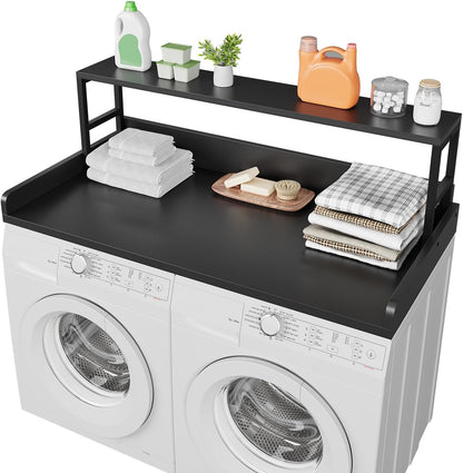 Washer Dryer Countertop with Shelf, 23.62″D x 23.62″W x 16.57″H, Countertop for Washer and Dryer Top with Non-Slip Pads and Edge Rails, Laundry Room Storage and Organization(Black)
