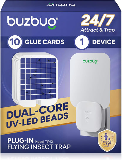 Buzbug Fly Trap Indoor, Plug-in Flying Insect Trap, Fruit Fly Traps for Indoors, Plug in Bug Trap, Gnat Trap for House Indoor, Bug Catcher for Gnat Moth Mosquito, 1 Device + 10 Refills Glue Cards