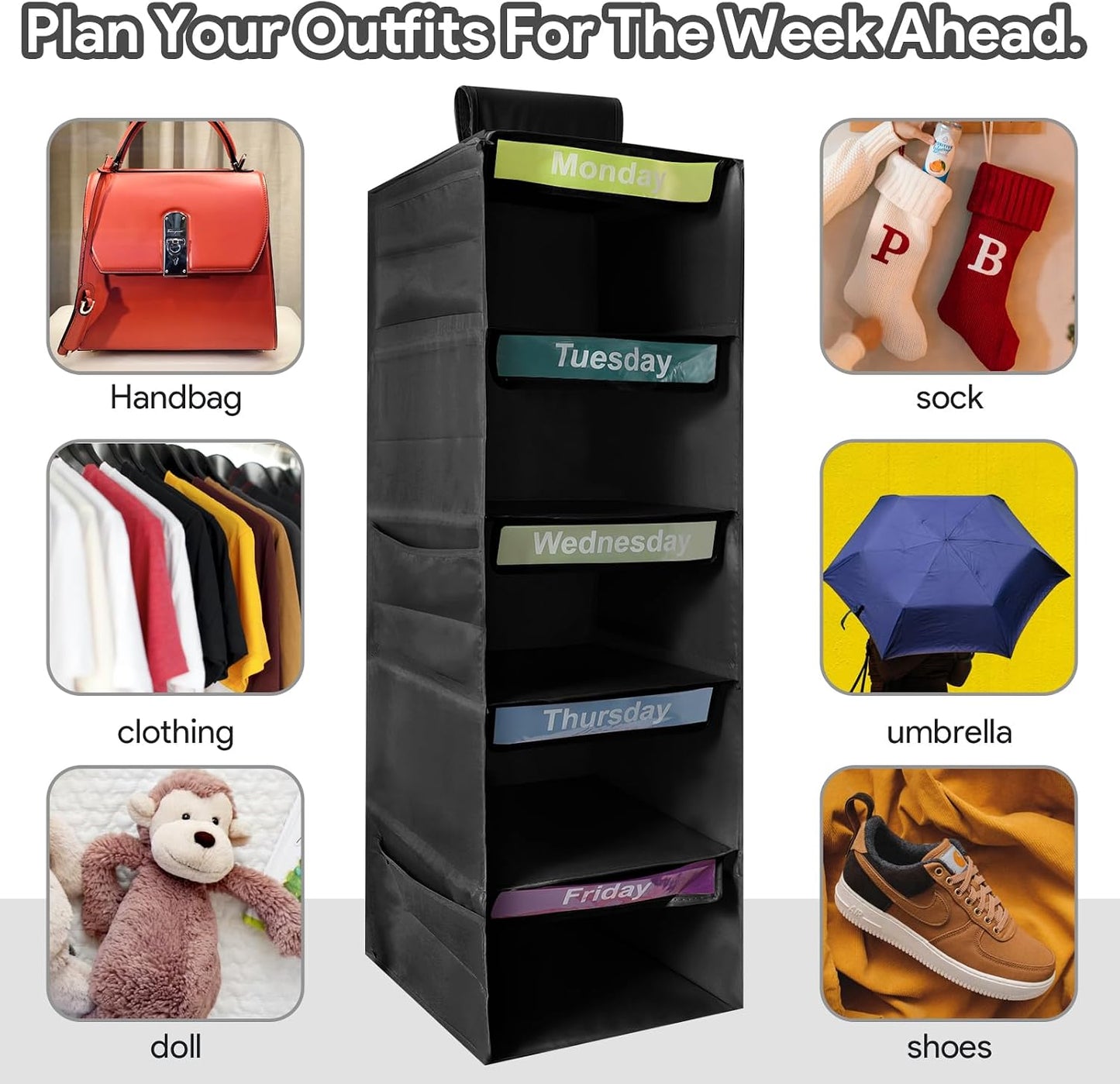 5-Shelf Weekly Clothes Organizer for Kids Days of The Week Hanging Storage Shelves Dorm Room Essential Daily Shelf Hanging Closet Organizer with 6 Side Pockets…