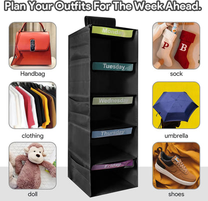 5-Shelf Weekly Clothes Organizer for Kids Days of The Week Hanging Storage Shelves Dorm Room Essential Daily Shelf Hanging Closet Organizer with 6 Side Pockets…