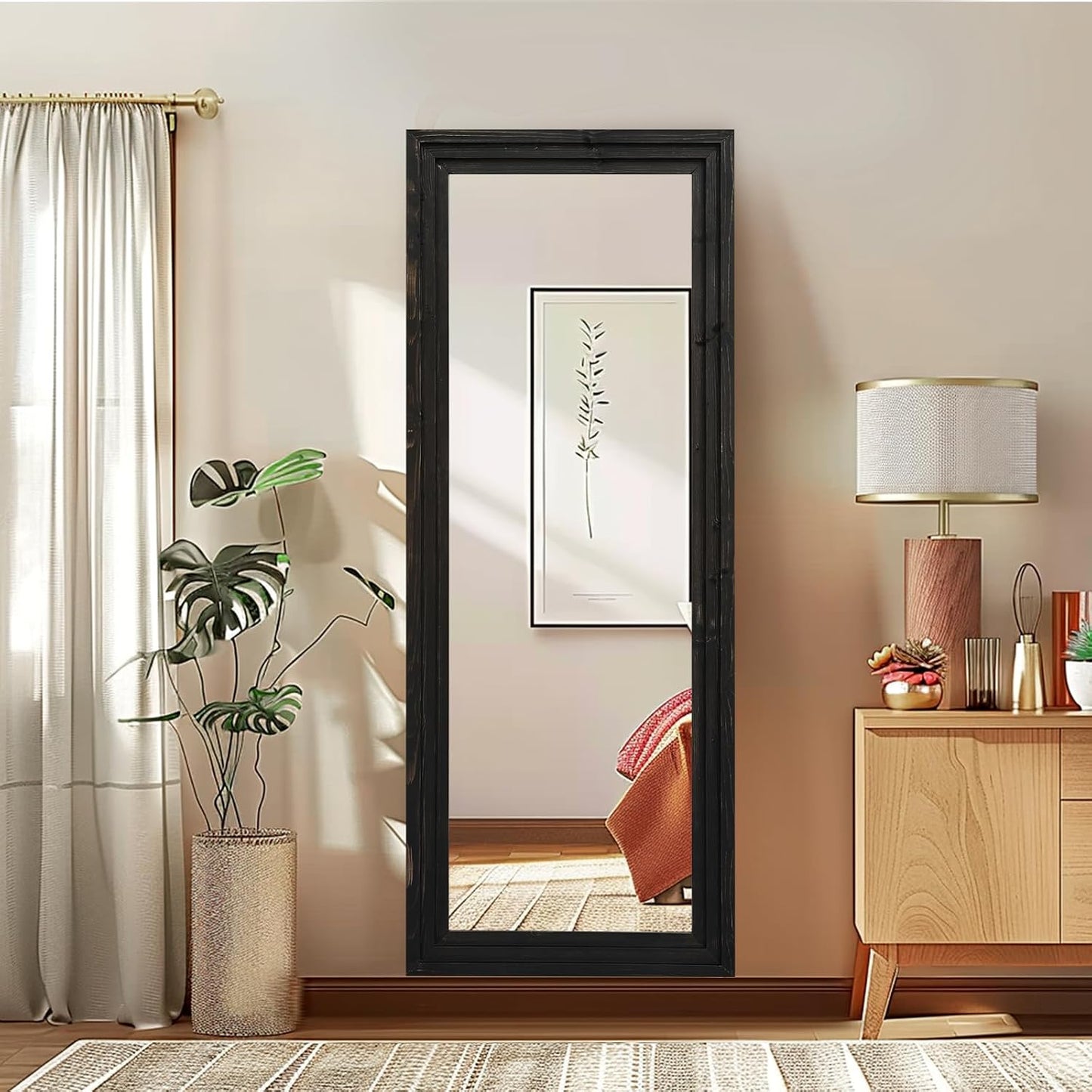 Full Length Mirror 65"x22" with Stand Solid Wood Frame Floor Large Mirror for Living Room, Bedroom Hanging Standing or Leaning Wall-Mounted, New Black