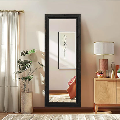 Full Length Mirror 65"x22" with Stand Solid Wood Frame Floor Large Mirror for Living Room, Bedroom Hanging Standing or Leaning Wall-Mounted, New Black