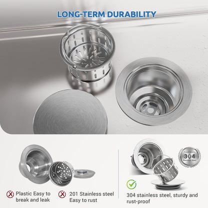 BOTEMY Kitchen Sink Drain Assembly with Removable Deep Basket Strainer, Anti-Clog Sink Drain Kit, Stainless Steel & ABS, Easy Clean Lift-Out Strainer, Fits Standard 3-1/2 Kitchen Sinks - Brushed