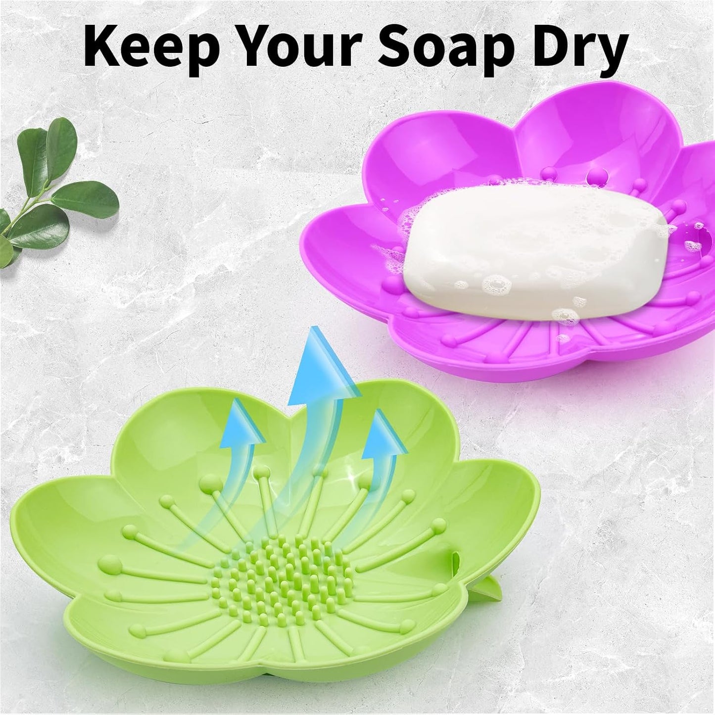 Soap Dishes 2 Pack Self Draining XL Flexible Bar Holder for Shower Steamer, Silicone Flower Soap Saver Tray for Counter Bathtub Sink Bathroom Decor with Drainage -Mirror Surface Easy Clean, Grey/Blue