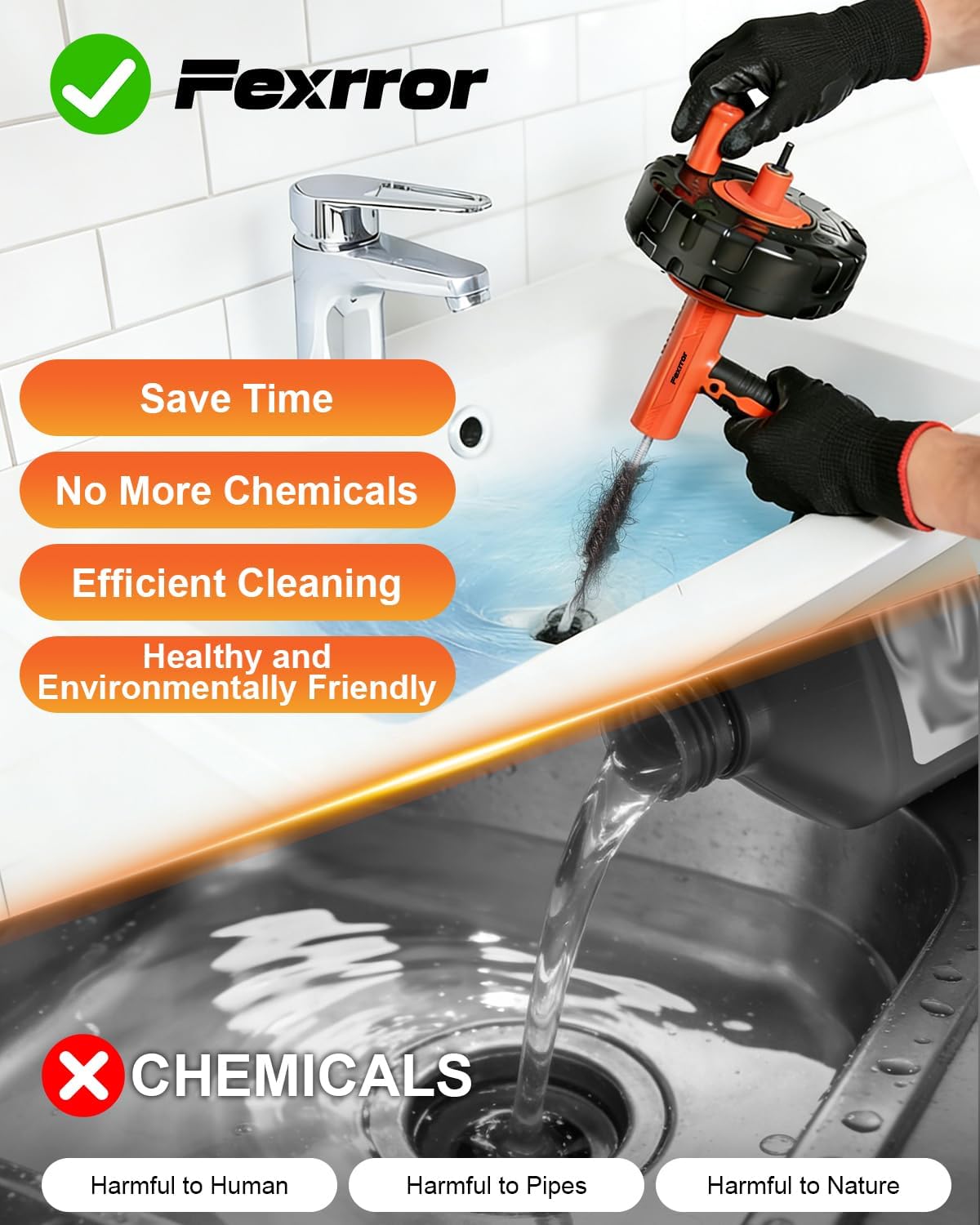 33FT Drain Snake Auger with Auto-Feed Manual/Powered, Drain Clog Remover Tool for Sink, Toilet, Shower & Tub, Professional Plumbing Snake, Gloves & Storage Drum, Easy Clear Hair Clogs