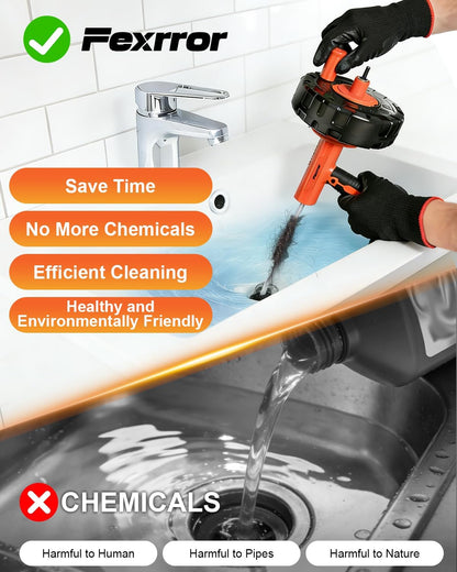 33FT Drain Snake Auger with Auto-Feed Manual/Powered, Drain Clog Remover Tool for Sink, Toilet, Shower & Tub, Professional Plumbing Snake, Gloves & Storage Drum, Easy Clear Hair Clogs
