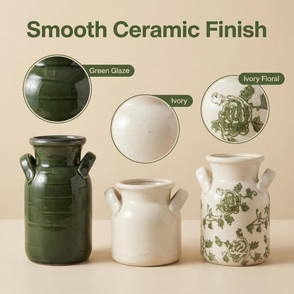 Ceramic Vase Set of 3 with Handles, Green White Neutral Rustic Modern Farmhouse Boho Decor, Versatile as Table Centerpiece or Mantel & Shelf Accent - Unique Home Gift Idea