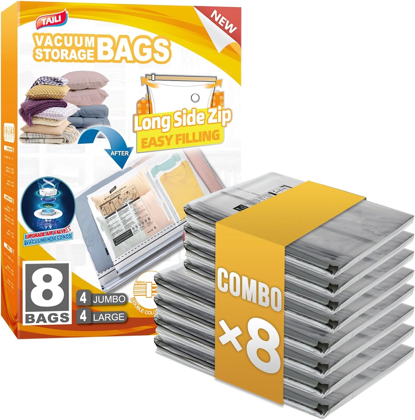 TAILI 8 Pack Jumbo Vacuum Storage Bags, 39x28 inch, LONG SIDE ZIP Vacuum Seal Bags for Clothing, Space Saver for Beddings, Comforters, Blankets, Pillows