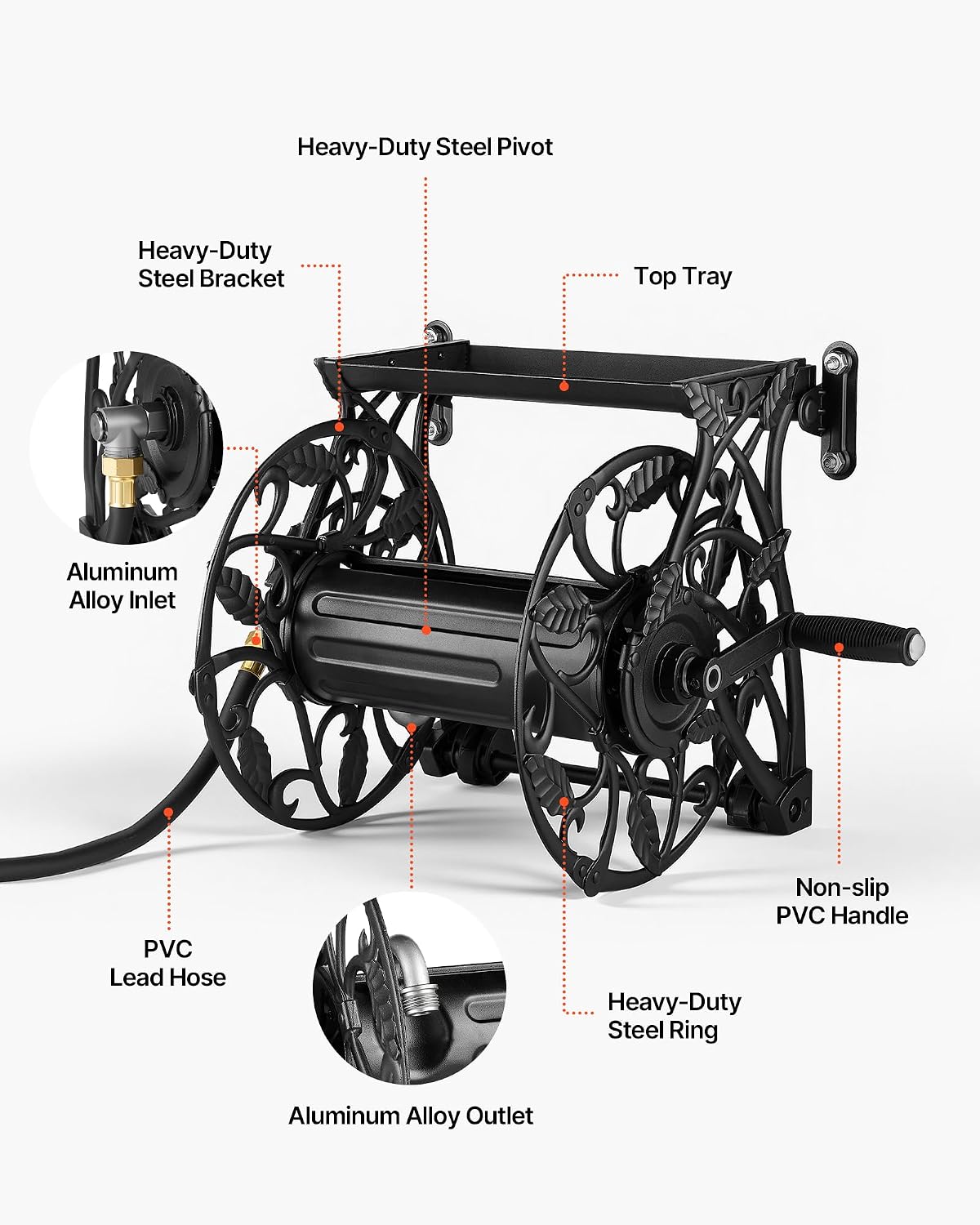 VEVOR Wall Mounted Garden Hose Reel, Holds 125 ft 5/8-inch Hose, Heavy-Duty Water Hose Winder, Space-Saving Design, Outdoor Manual Reel with Brass Fitting and Storage Basket for Yard Lawn