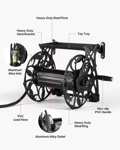VEVOR Wall Mounted Garden Hose Reel, Holds 125 ft 5/8-inch Hose, Heavy-Duty Water Hose Winder, Space-Saving Design, Outdoor Manual Reel with Brass Fitting and Storage Basket for Yard Lawn