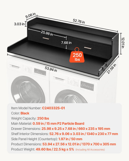 VEVOR Washer Dryer Countertop with 2-Tier Shelf, 54" x 27" Wooden Washer and Dryer Countertop with Anti-Slip Pads, Water-Resistant Laundry Topper Cover for Laundry Room Organization and Storage, Black