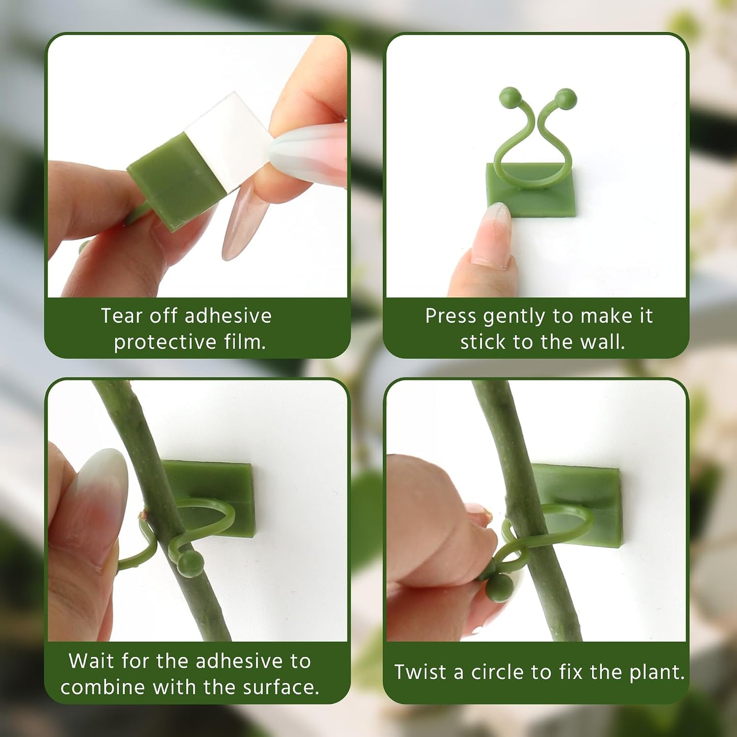 Beurio Plant Clips for Wall, 30 Pcs Self Adhesive Vine Clips | 3 sizes, smooth-surface adhesive, ivy and pothos support, green plastic, cable tidying