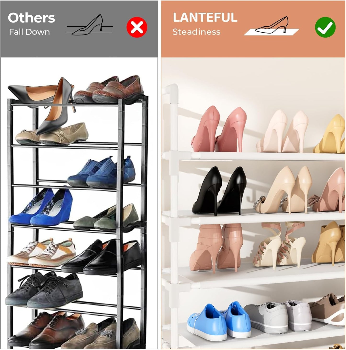 LANTEFUL 10 Tiers Shoe Rack 50 Pairs Large Capacity Tall Shoe Organizer Sturdy Shoe Storage with Two Hooks Space Saving Metal Wide Shoe Rack for Closet, Entryway, Bedroom, Black
