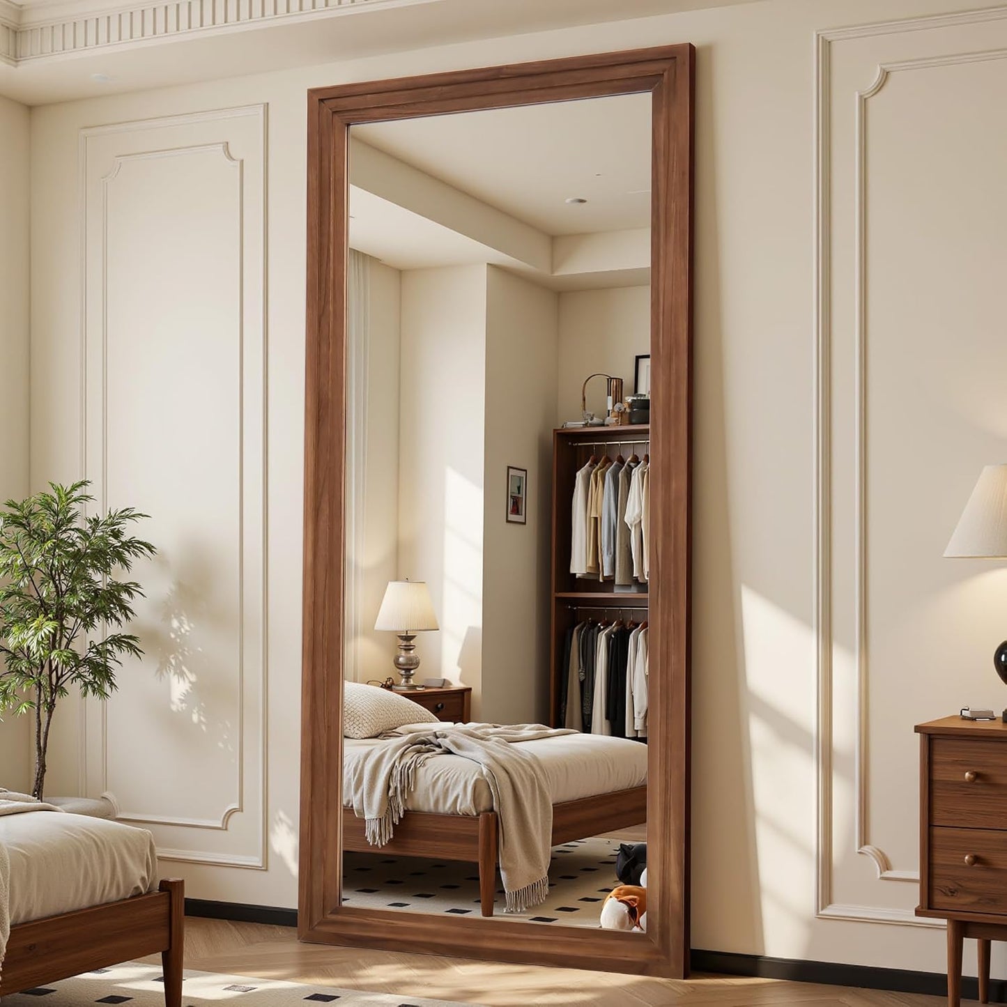 Antok Full Length Mirror with Solid Wood Frame, 71"×32" Wall Mounted Oversized Floor Mirror with Stand, Leaning Standing Hanging for Bedroom Living Room Entryway, Walnut, Arched Syle