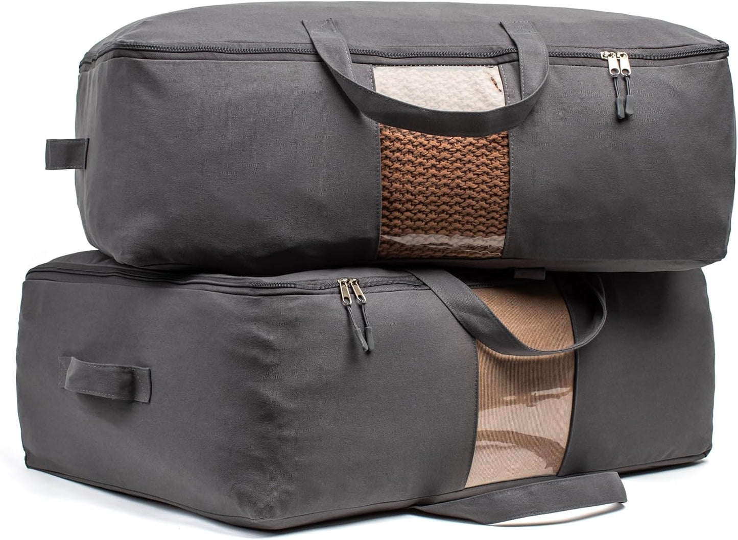 Soft Canvas Storage Bags with Zipper. Thick Breathable, 1pc King/Queen Comforter Organizer. Four Carrying Handles and Window. Large 25x19x9in Bag for Sheets Blankets Bedding Pillows, Clothes (Grey)
