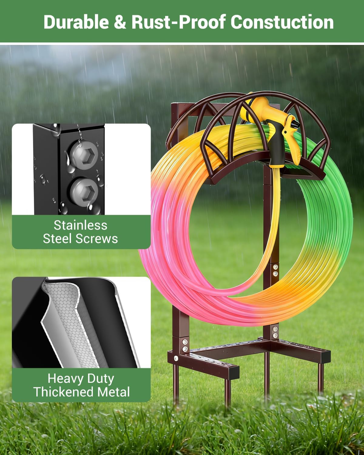 HZE Garden Hose Holder, Freestanding Water Hose Reel Stand for Outside, Heavy Duty Detachable Metal Storage Rack Holds 160 FT for Yard Lawn Farm, Black