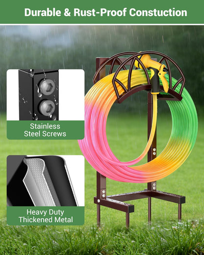 HZE Garden Hose Holder, Freestanding Water Hose Reel Stand for Outside, Heavy Duty Detachable Metal Storage Rack Holds 160 FT for Yard Lawn Farm, Black