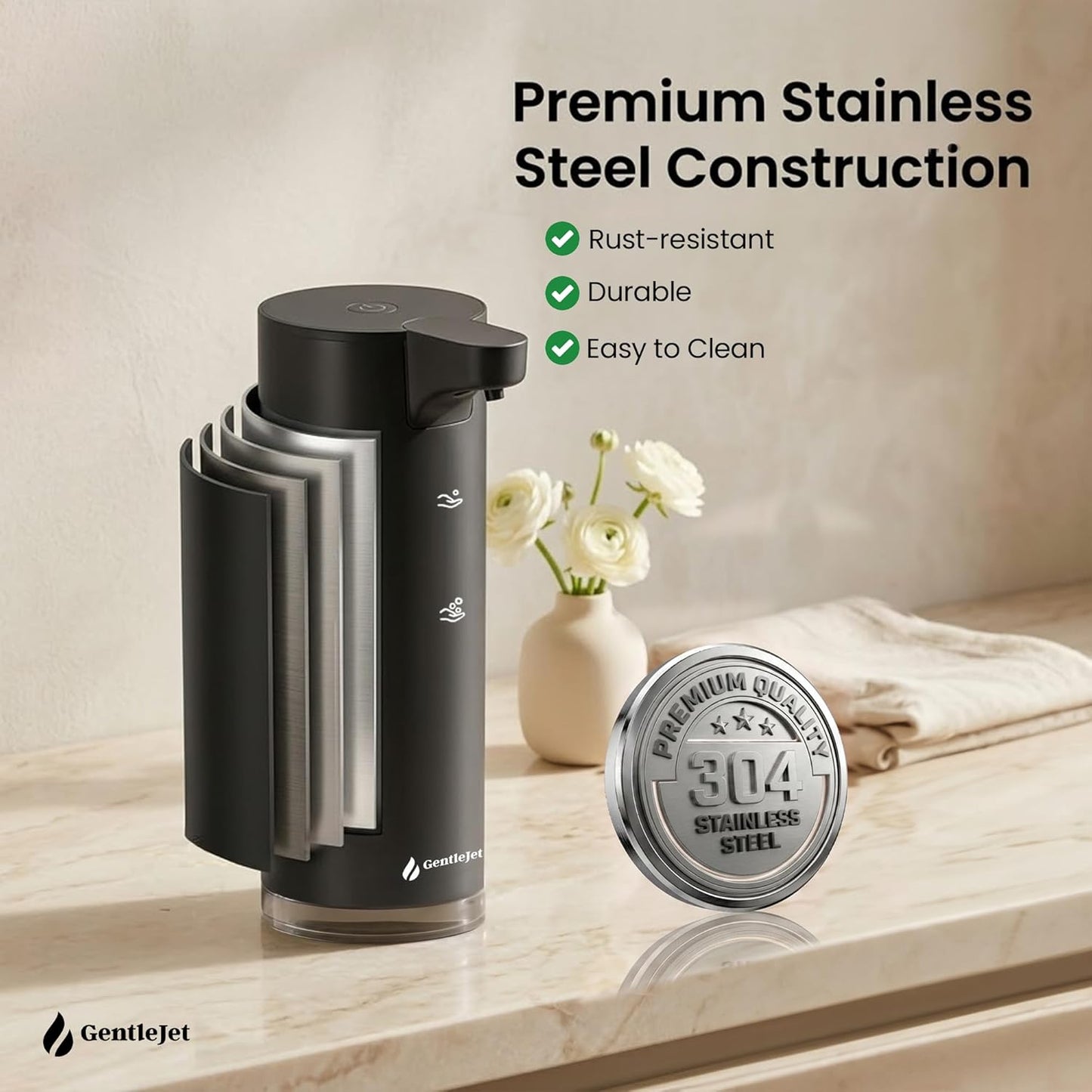 GentleJet EasyFoam Automatic Foaming Soap Dispenser Touchless Sensor, USB-C Rechargeable, 304 Stainless Steel, IPX5 Waterproof for Bathroom Kitchen Sink, 280 ml