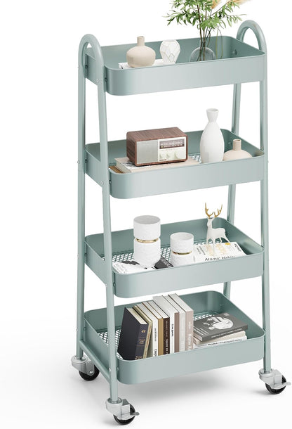 OLIXIS Metal 4 Tiers Utility Rolling Cart, Mobile Storage Shelf with Lockable Caster Wheels, Organization for Livingroom, Bathroom, Kitchen, & Narrow Places, 4-Tier Green