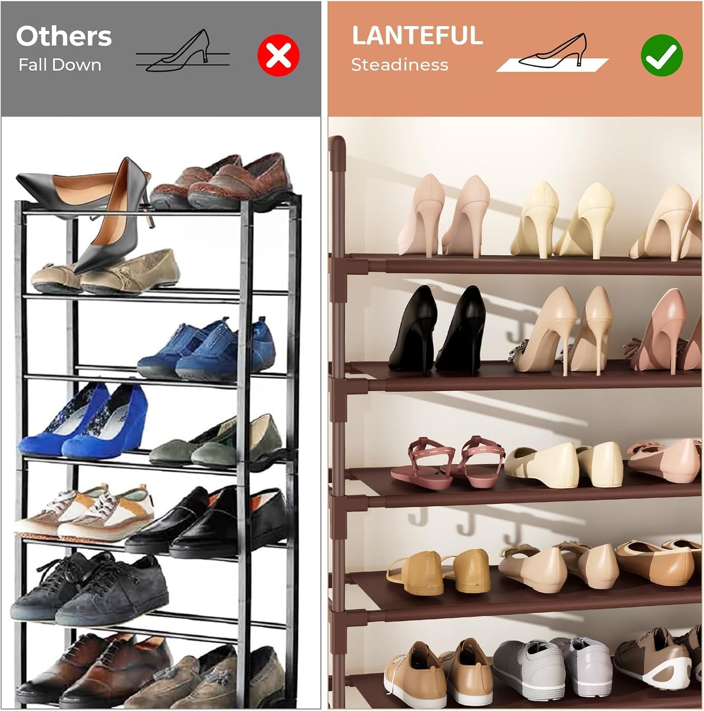 LANTEFUL 10 Tiers Tall Shoe Rack 20-25 Pairs Boots Organizer Storage Sturdy Narrow Shoe Shelf for Entryway, Closets with Hooks, Black