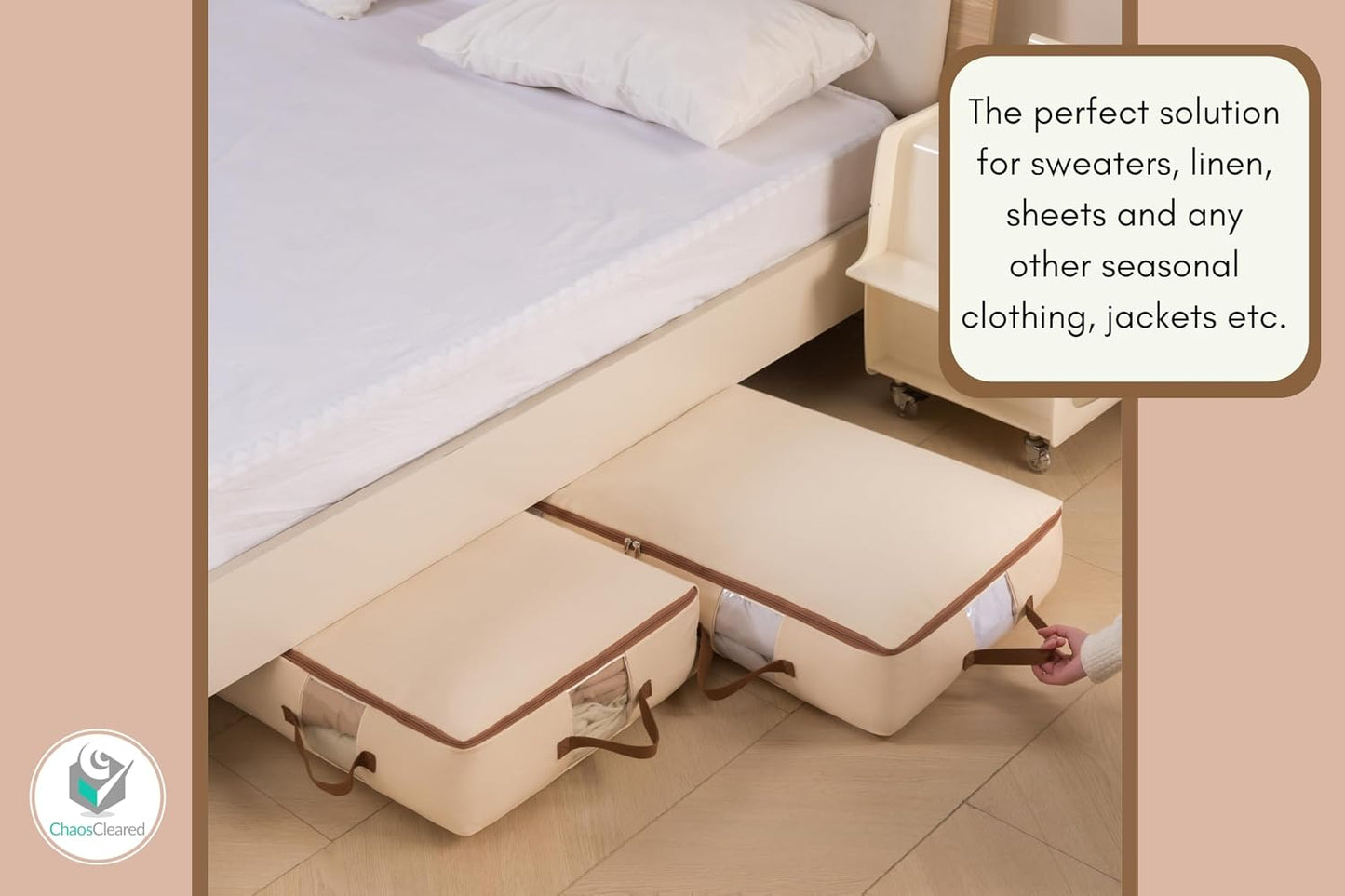 Chaos Cleared Canvas Storage Bags Designer Organizer for Comforters 2 Pack – Seasonal Storage for Pillows, Blankets, Linens & Garments – Foldable Design with Zip & Window, Moth-Proof Space Saver