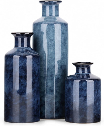 Blue Ceramic Vase Set of 3, Small Vases for Table Decor | Bring farmhouse charm to tables, shelves, mantels, entryways, living rooms, bedrooms and offices.